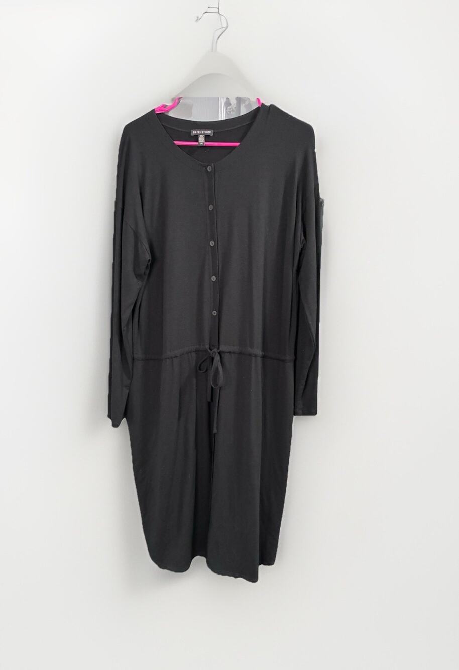 Eileen Fisher BLACK Viscose Jersey Drawsting Waist Shirt Dress Size large